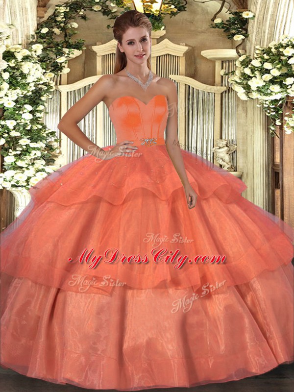 Sexy Orange Red Lace Up Sweet 16 Quinceanera Dress Beading and Ruffled Layers Sleeveless Floor Length