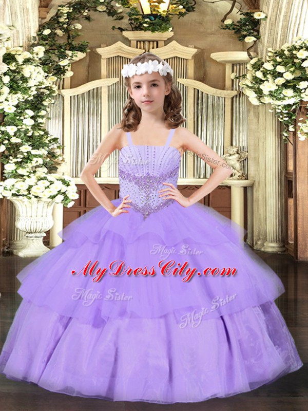 Beading and Ruffled Layers Child Pageant Dress Lavender Lace Up Sleeveless Floor Length