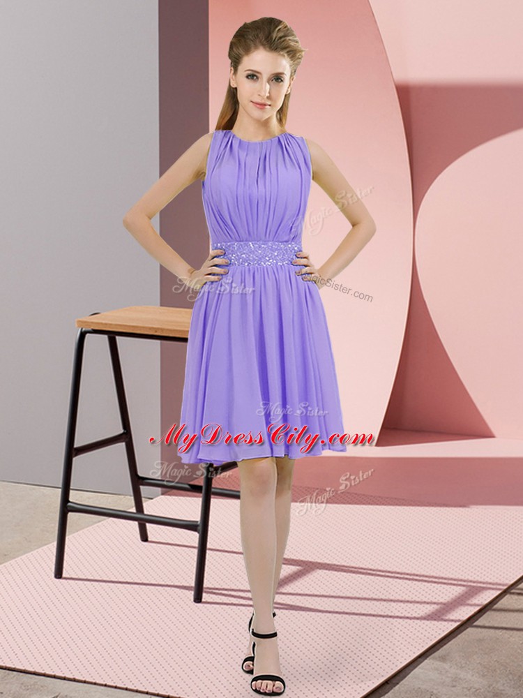 Customized Sleeveless Chiffon Knee Length Zipper Bridesmaid Dress in Lavender with Sequins