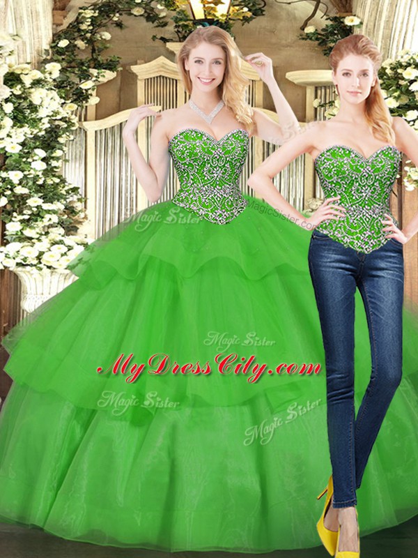 Elegant Green Quinceanera Dress Military Ball and Sweet 16 and Quinceanera with Beading and Ruffled Layers Sweetheart Sleeveless Lace Up