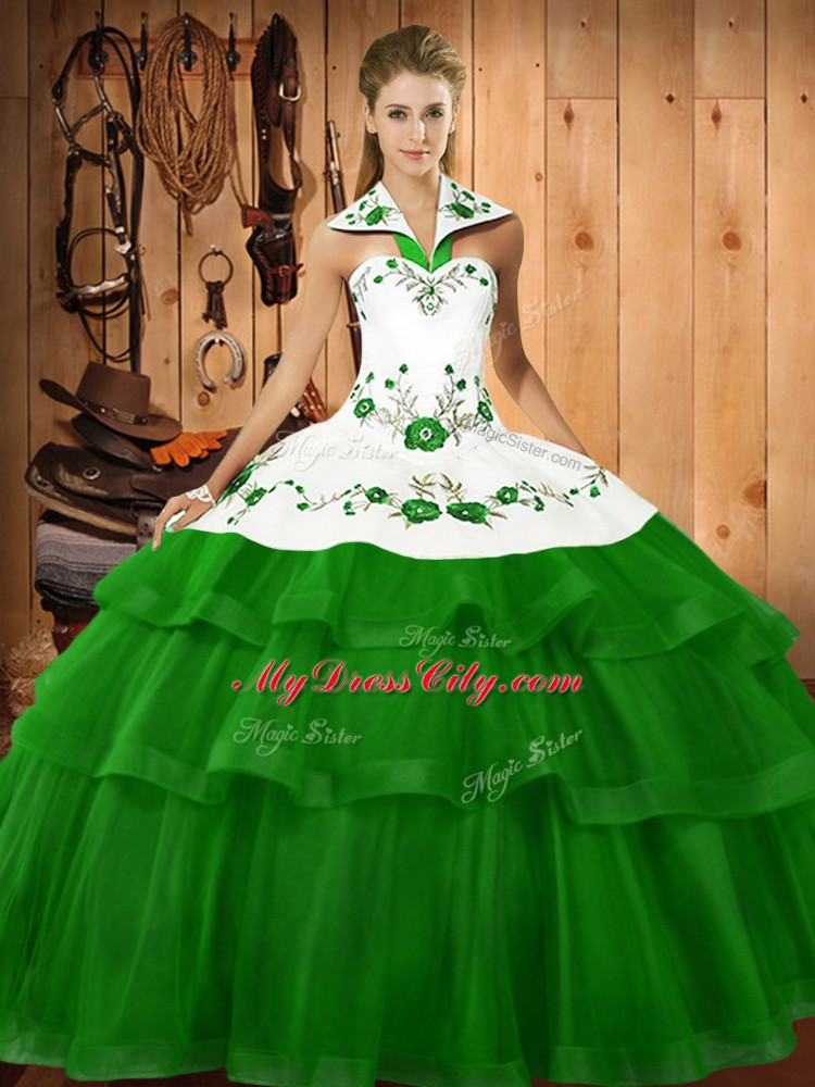 Halter Top Sleeveless Sweep Train Lace Up Ball Gown Prom Dress Green Organza