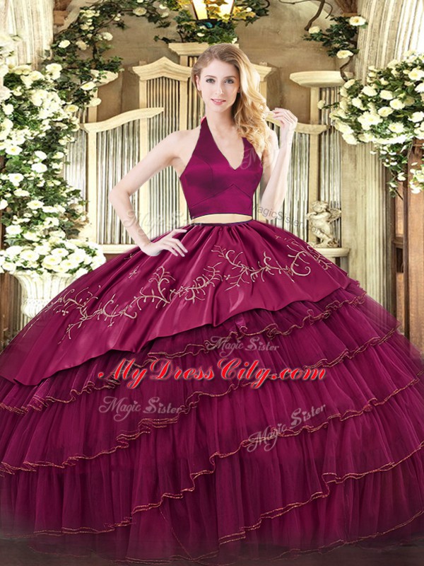 Charming Halter Top Sleeveless Quince Ball Gowns Floor Length Embroidery and Ruffled Layers Burgundy Organza and Taffeta