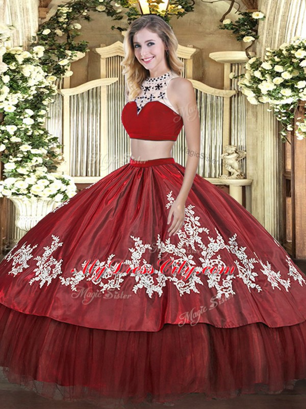 Dazzling Red Two Pieces Tulle High-neck Sleeveless Beading and Appliques Floor Length Backless Ball Gown Prom Dress