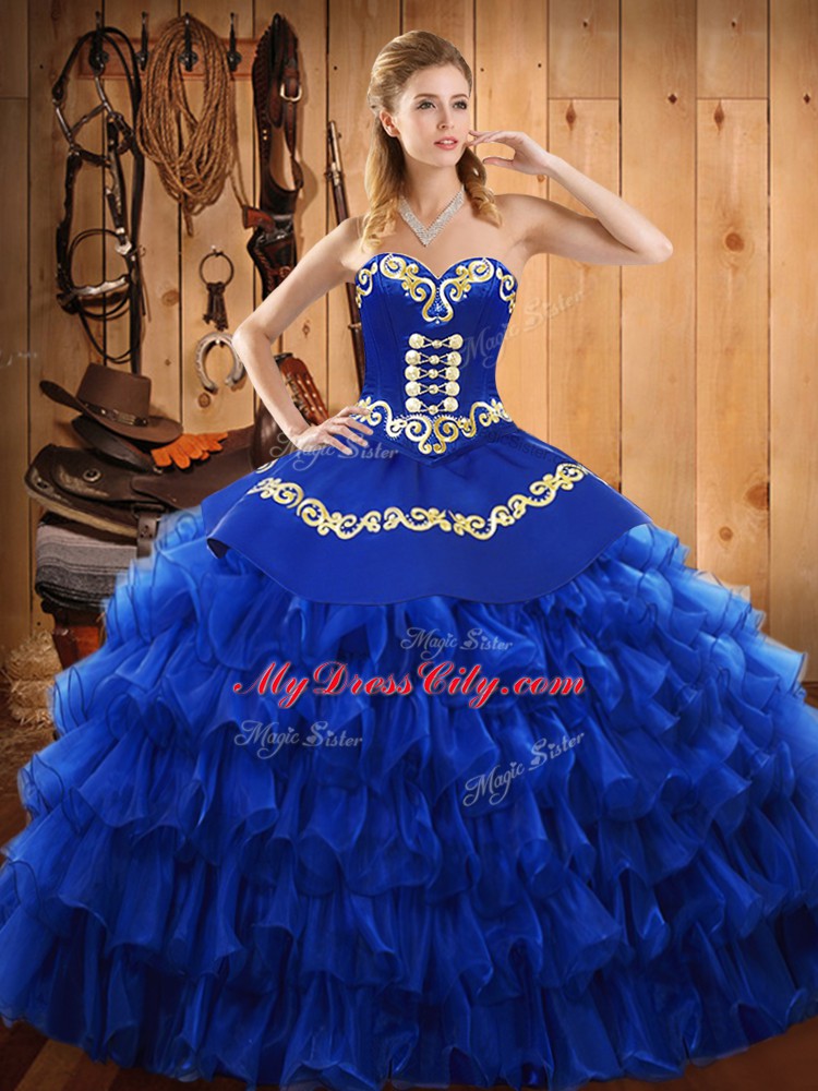 Pretty Blue Sleeveless Floor Length Embroidery and Ruffled Layers Lace Up Quinceanera Dresses