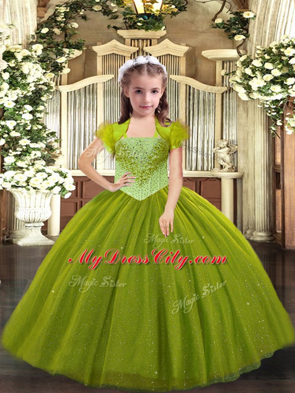 Straps Sleeveless Pageant Dress for Teens Floor Length Beading Olive Green Tulle