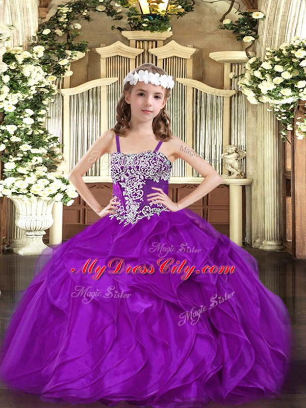 Straps Sleeveless Lace Up Little Girl Pageant Gowns Purple Organza