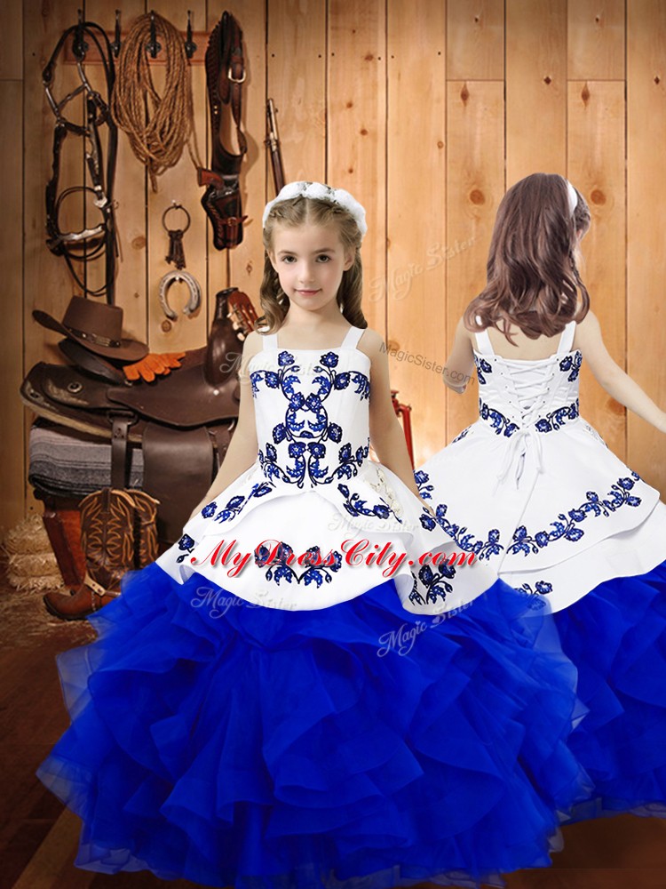 Royal Blue Sleeveless Floor Length Embroidery and Ruffles Lace Up Kids Pageant Dress