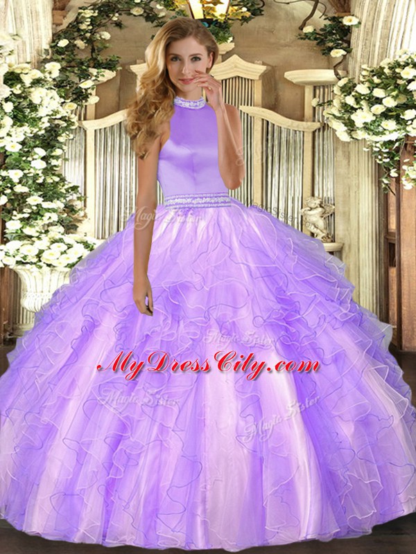 Halter Top Sleeveless Quince Ball Gowns Floor Length Beading and Ruffles Lavender Organza