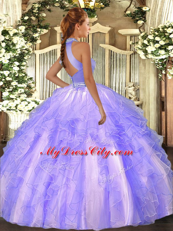 Halter Top Sleeveless Quince Ball Gowns Floor Length Beading and Ruffles Lavender Organza