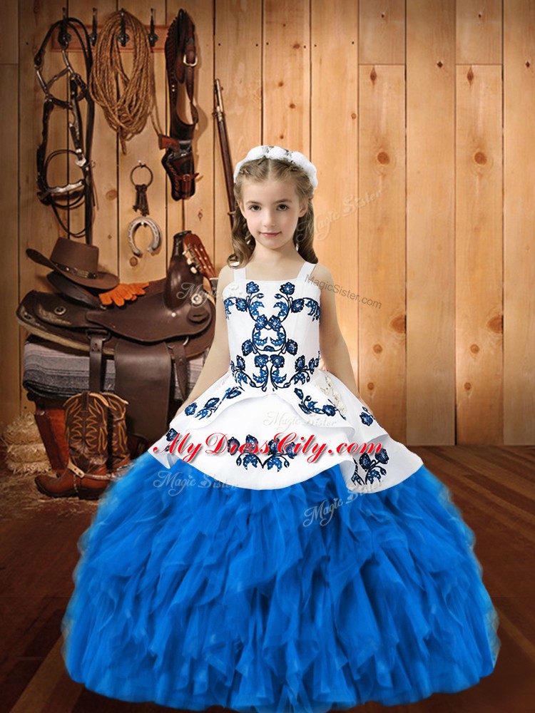 Latest Straps Sleeveless Lace Up Little Girl Pageant Dress Blue Organza