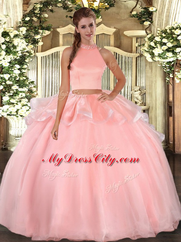 Captivating Pink Sleeveless Beading Floor Length 15th Birthday Dress