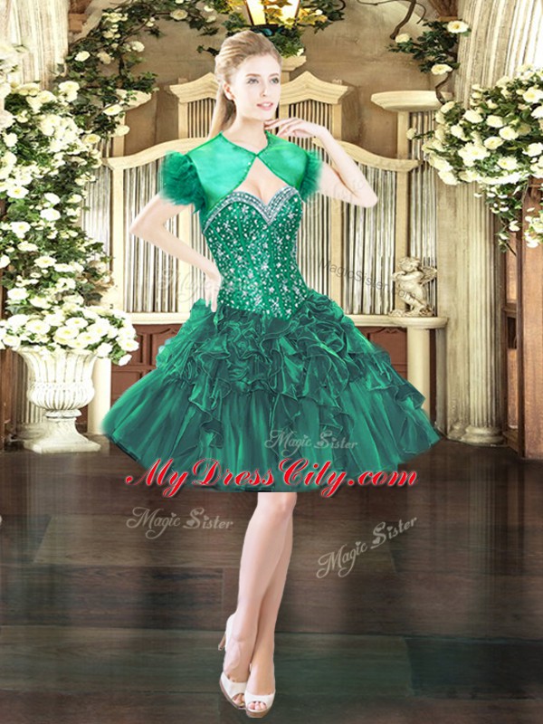 Modern Dark Green Sleeveless Beading and Ruffles Mini Length Prom Dresses