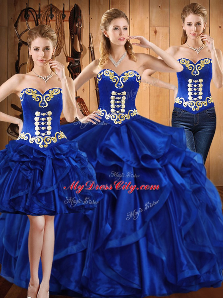 Fine Royal Blue Sweetheart Lace Up Embroidery and Ruffles 15 Quinceanera Dress Sleeveless