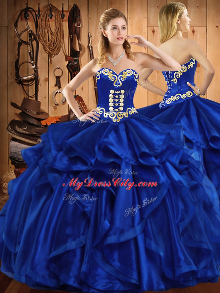 Fine Royal Blue Sweetheart Lace Up Embroidery and Ruffles 15 Quinceanera Dress Sleeveless