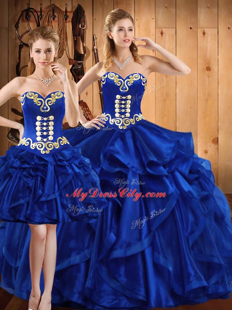 Fine Royal Blue Sweetheart Lace Up Embroidery and Ruffles 15 Quinceanera Dress Sleeveless