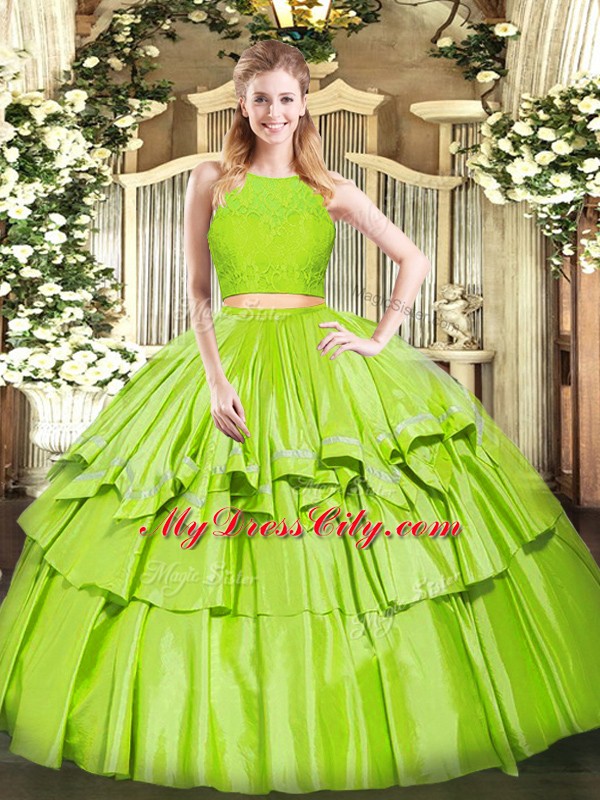 Smart Floor Length Yellow Green Quince Ball Gowns Tulle Sleeveless Ruffled Layers