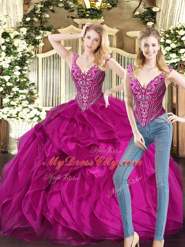 Smart Floor Length Ball Gowns Sleeveless Fuchsia Vestidos de Quinceanera Lace Up