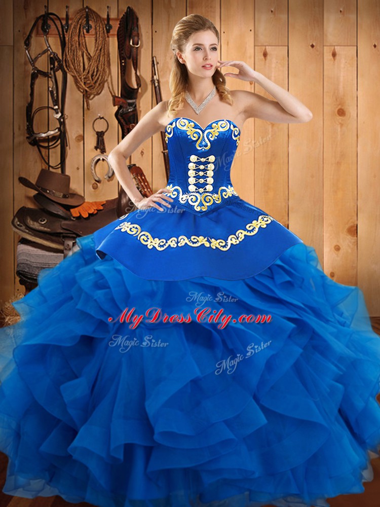 Beautiful Blue Sleeveless Floor Length Embroidery and Ruffles Lace Up Quince Ball Gowns