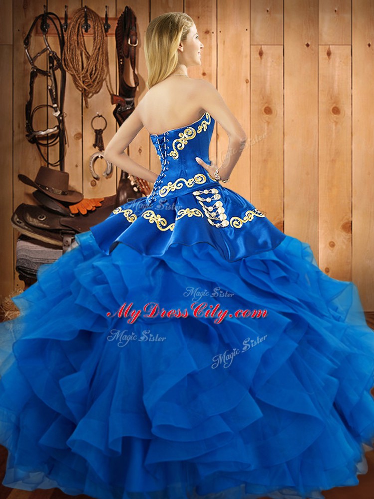 Beautiful Blue Sleeveless Floor Length Embroidery and Ruffles Lace Up Quince Ball Gowns