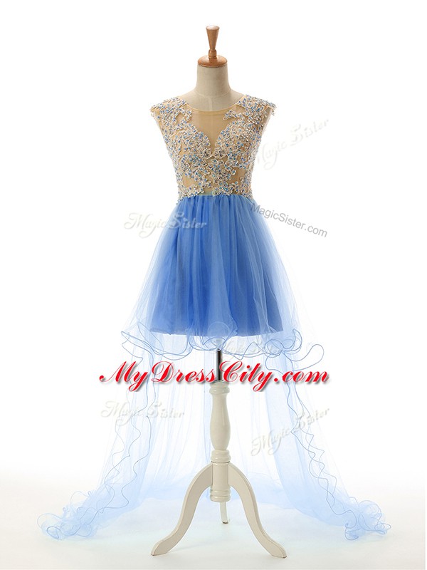 Hot Selling Tulle Scoop Sleeveless Backless Appliques Prom Dresses in Baby Blue