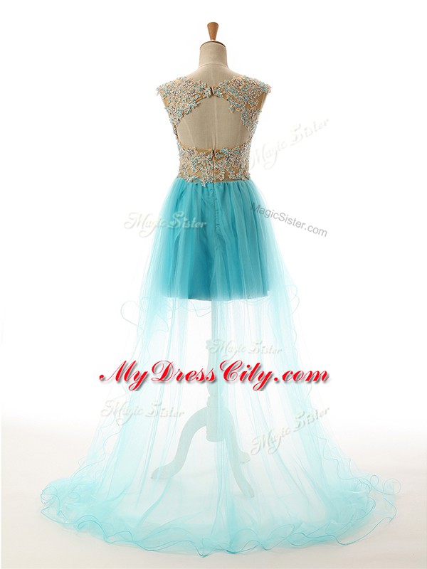 Hot Selling Tulle Scoop Sleeveless Backless Appliques Prom Dresses in Baby Blue