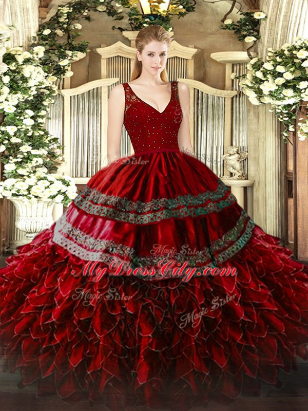 Wine Red Organza Zipper Sweet 16 Dress Sleeveless Floor Length Beading and Appliques and Ruffles