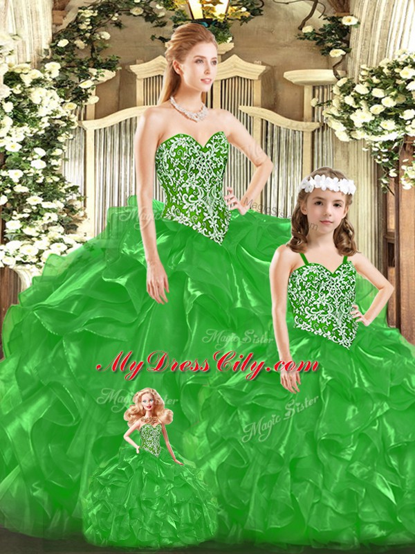 Green Lace Up Sweetheart Beading and Ruffles and Bowknot Vestidos de Quinceanera Tulle Sleeveless