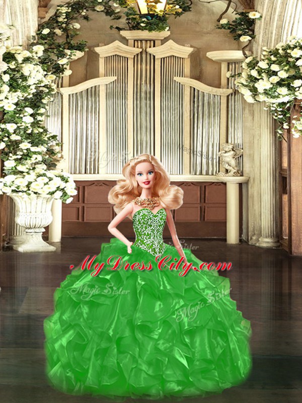 Green Lace Up Sweetheart Beading and Ruffles and Bowknot Vestidos de Quinceanera Tulle Sleeveless