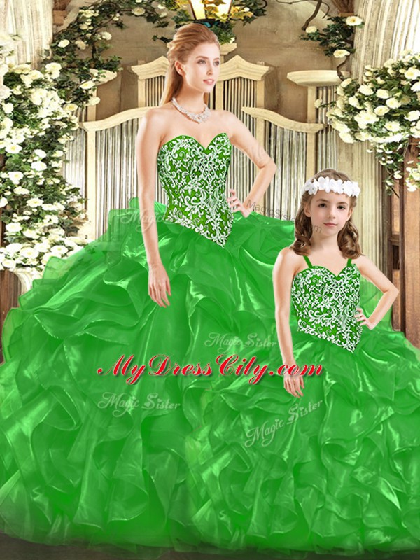 Green Lace Up Sweetheart Beading and Ruffles and Bowknot Vestidos de Quinceanera Tulle Sleeveless