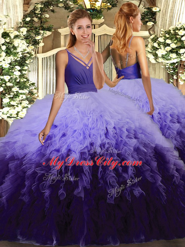 Trendy Multi-color Tulle Lace Up V-neck Sleeveless Floor Length Quinceanera Dresses Beading and Ruffles