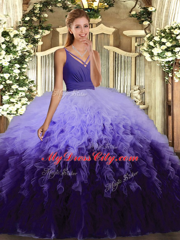 Trendy Multi-color Tulle Lace Up V-neck Sleeveless Floor Length Quinceanera Dresses Beading and Ruffles