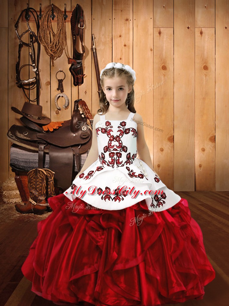 Elegant Embroidery and Ruffles Little Girls Pageant Dress Wholesale Wine Red Lace Up Sleeveless Floor Length