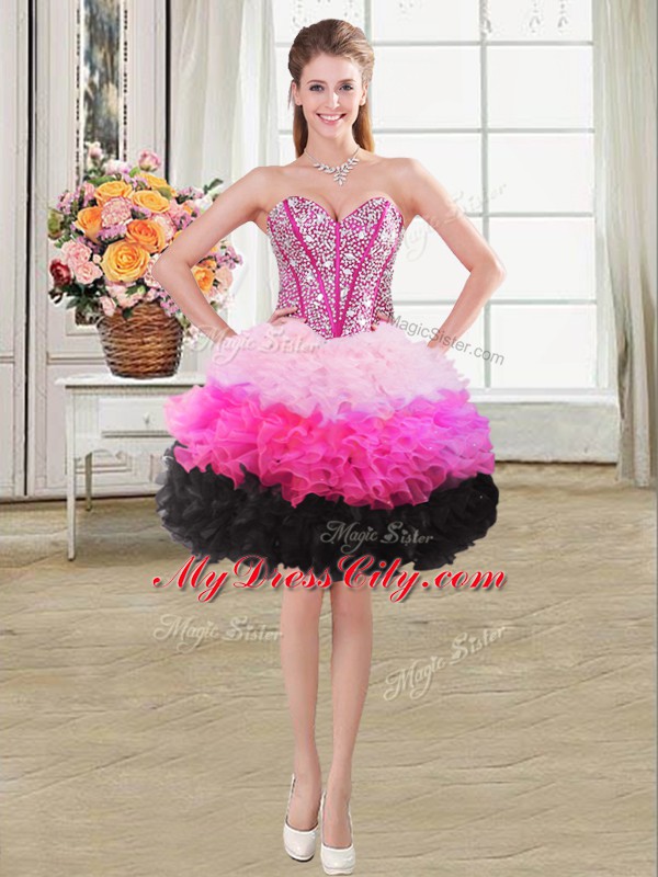 Multi-color Ball Gowns Organza Sweetheart Sleeveless Beading and Ruffles Mini Length Lace Up Homecoming Dress