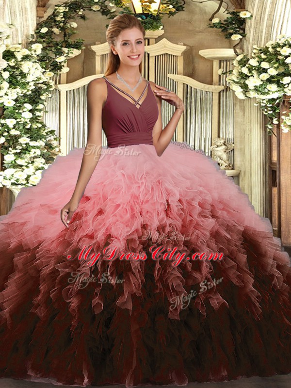 Floor Length Backless Sweet 16 Quinceanera Dress Multi-color for Sweet 16 and Quinceanera with Ruffles