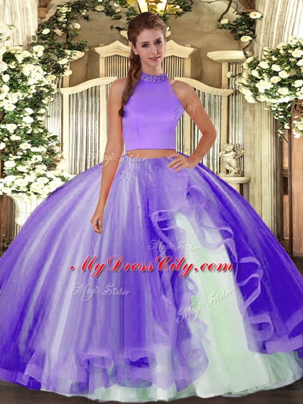 Lavender Two Pieces Tulle Halter Top Sleeveless Beading and Ruffles Floor Length Backless Sweet 16 Quinceanera Dress