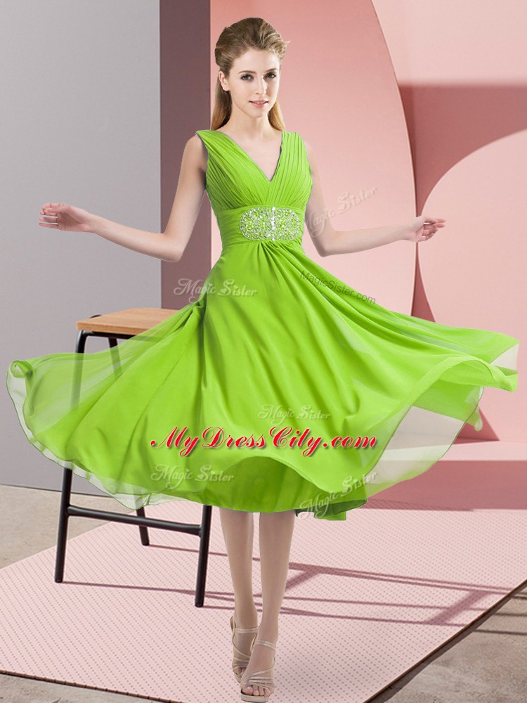 Popular Sleeveless Side Zipper Knee Length Beading Vestidos de Damas