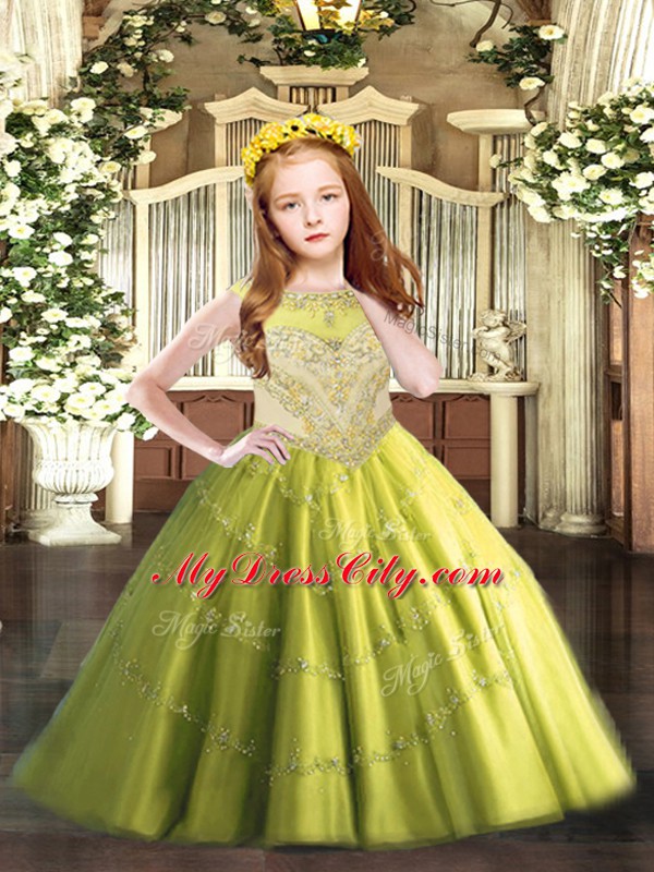 Admirable Olive Green Sleeveless Tulle Zipper Little Girls Pageant Dress for Party and Quinceanera