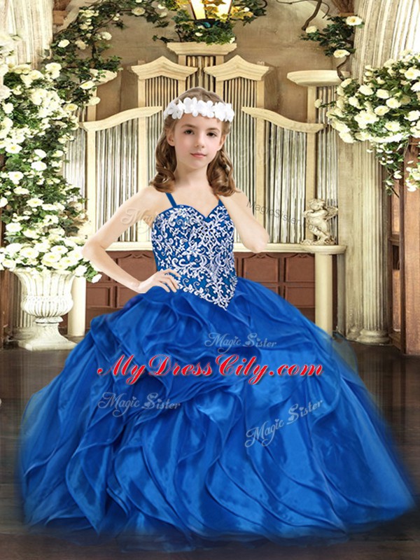 High Class Blue Organza Lace Up Evening Gowns Sleeveless Floor Length Beading and Ruffles