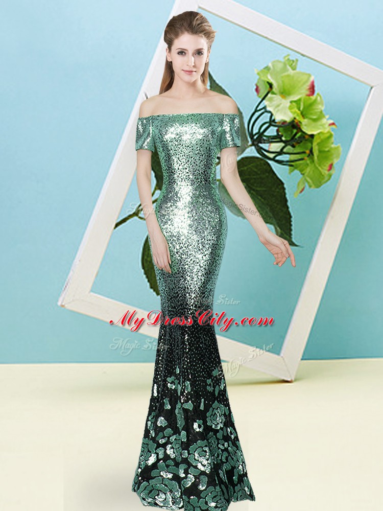 Classical Sequined V-neck Short Sleeves Zipper Sequins Dress for Prom in Turquoise