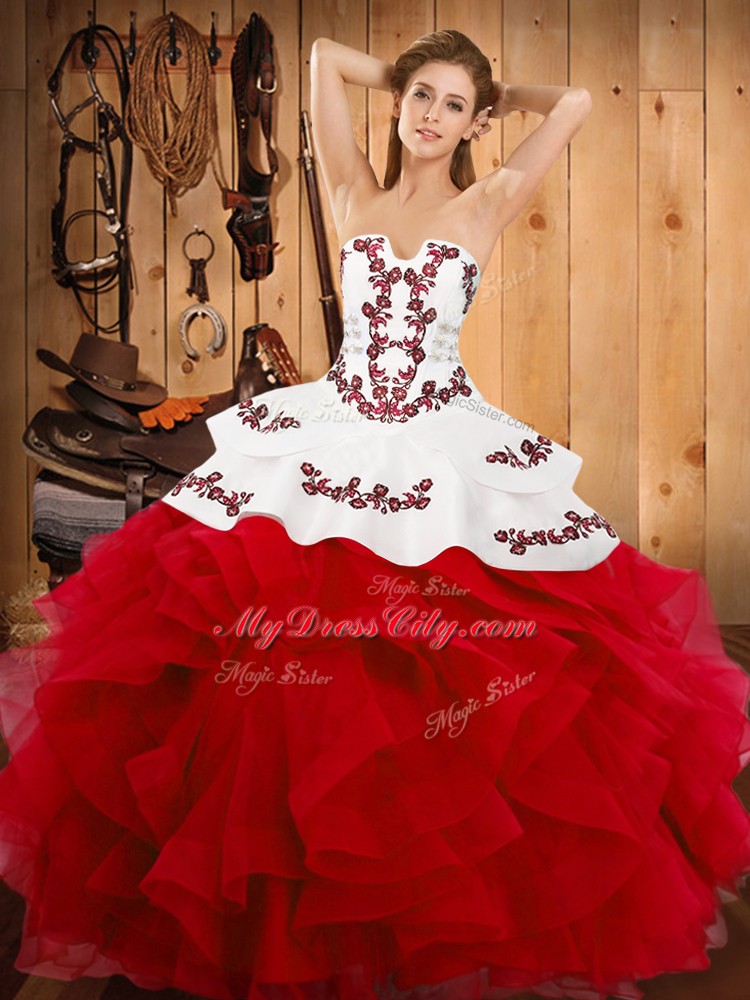 Floor Length Ball Gowns Sleeveless White And Red 15 Quinceanera Dress Lace Up