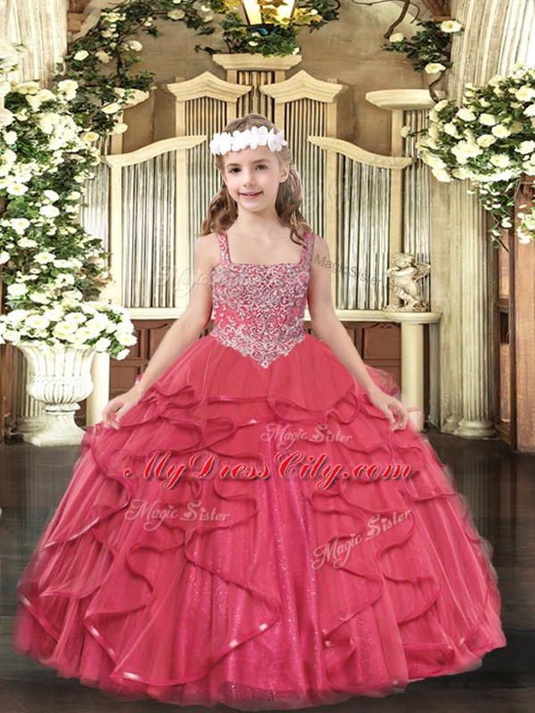 Coral Red Little Girl Pageant Gowns Party and Sweet 16 and Quinceanera and Wedding Party with Beading and Ruffles Straps Sleeveless Lace Up