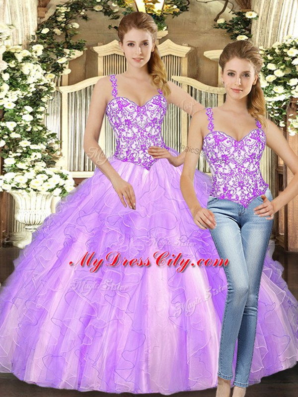 New Style Lilac Sleeveless Floor Length Beading and Ruffles Lace Up Quinceanera Gowns