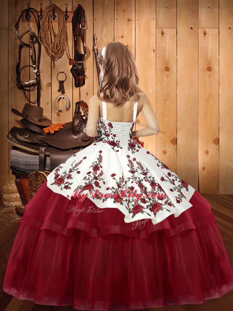 Sleeveless Floor Length Embroidery Lace Up Girls Pageant Dresses with Rust Red