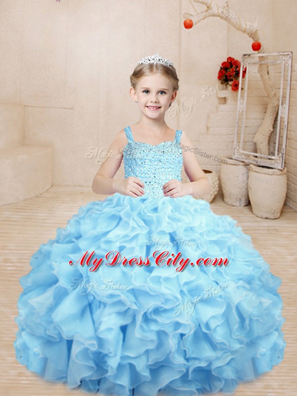 Organza Straps Sleeveless Lace Up Beading and Ruffles Little Girl Pageant Dress in Baby Blue