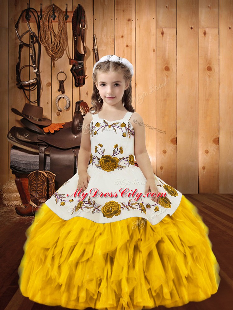 Gold Ball Gowns Organza Straps Sleeveless Embroidery and Ruffles Floor Length Lace Up Pageant Gowns For Girls