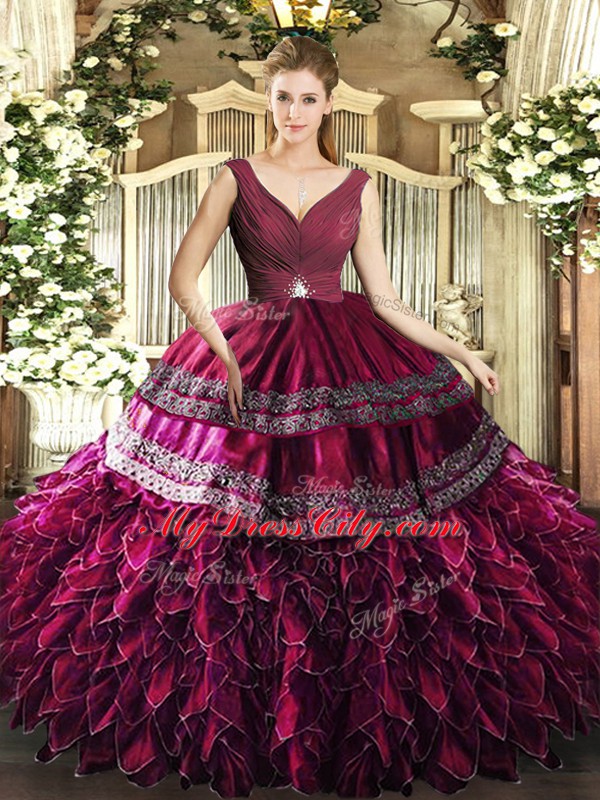 Chic Burgundy V-neck Neckline Beading and Ruffles Quinceanera Dresses Sleeveless Backless