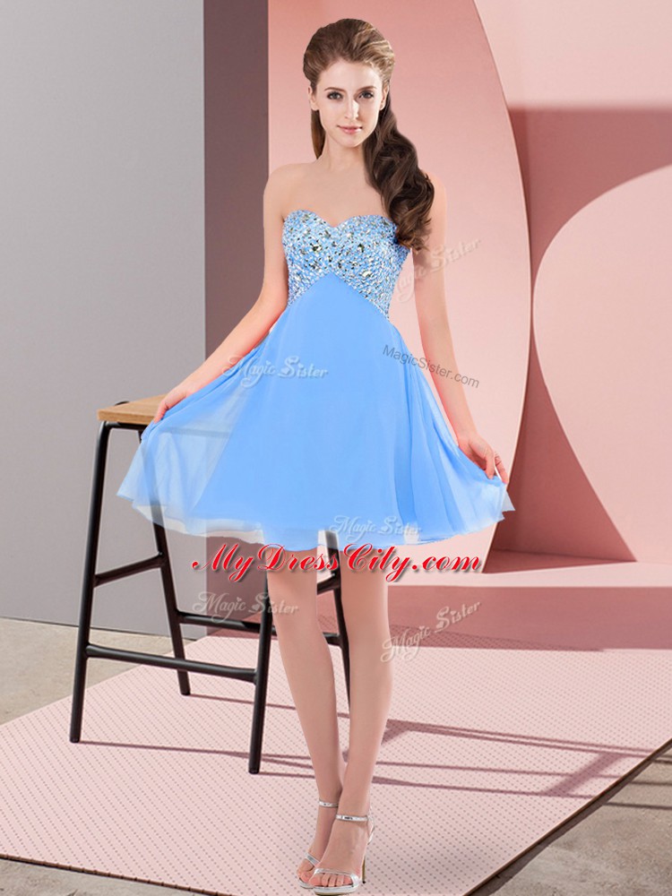 Delicate Baby Blue Empire Beading Prom Dress Lace Up Chiffon Sleeveless Mini Length