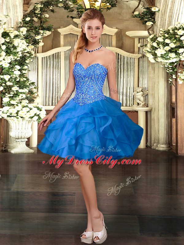 Romantic Blue Organza Lace Up Sleeveless Mini Length Beading and Ruffles