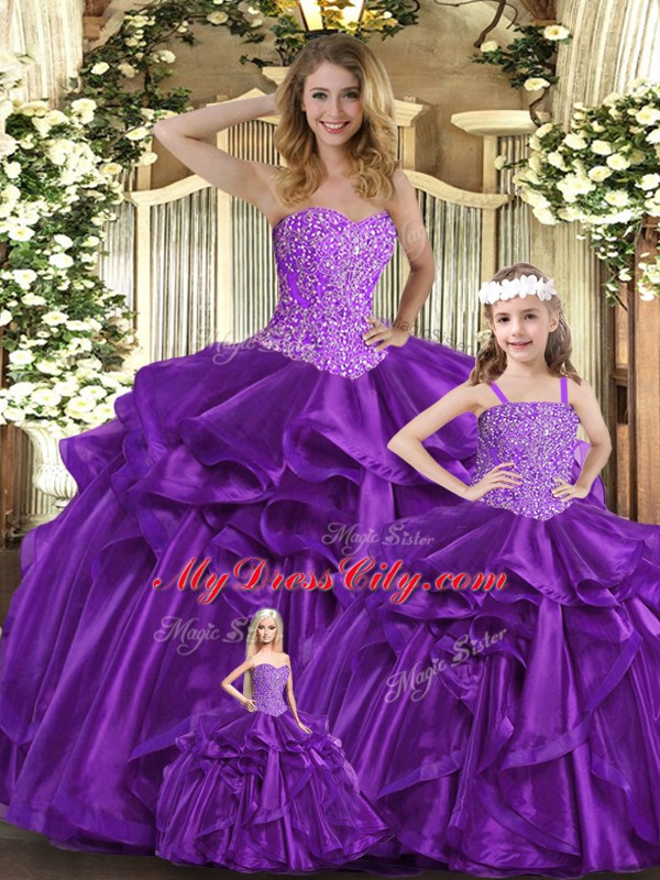 Hot Selling Purple Sweetheart Lace Up Beading and Ruffles Quinceanera Dress Sleeveless