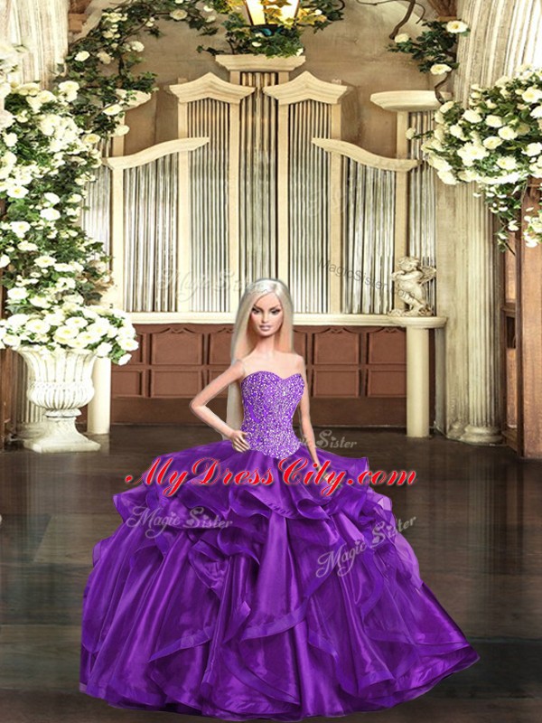 Hot Selling Purple Sweetheart Lace Up Beading and Ruffles Quinceanera Dress Sleeveless